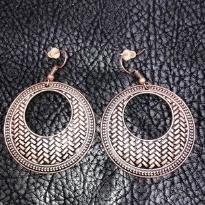 Copper Tone Basket Weave Pierced Earrings Hoops